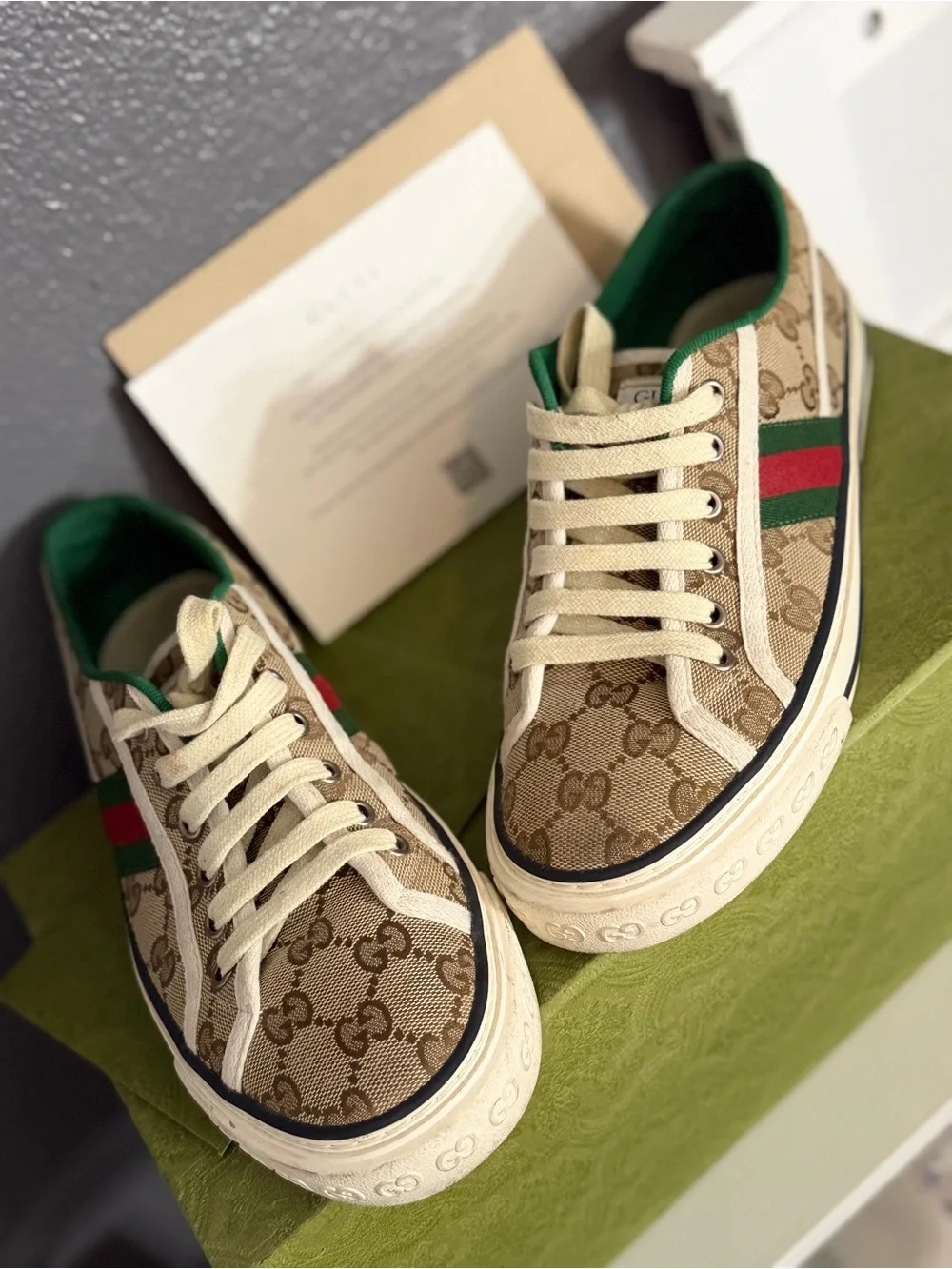 Gucci Beige GG Canvas  Sneakers with Green and Red Web